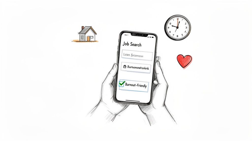 Hands hold a phone displaying a 'burnout-friendly' job search. A house, clock, and heart symbolize balance.