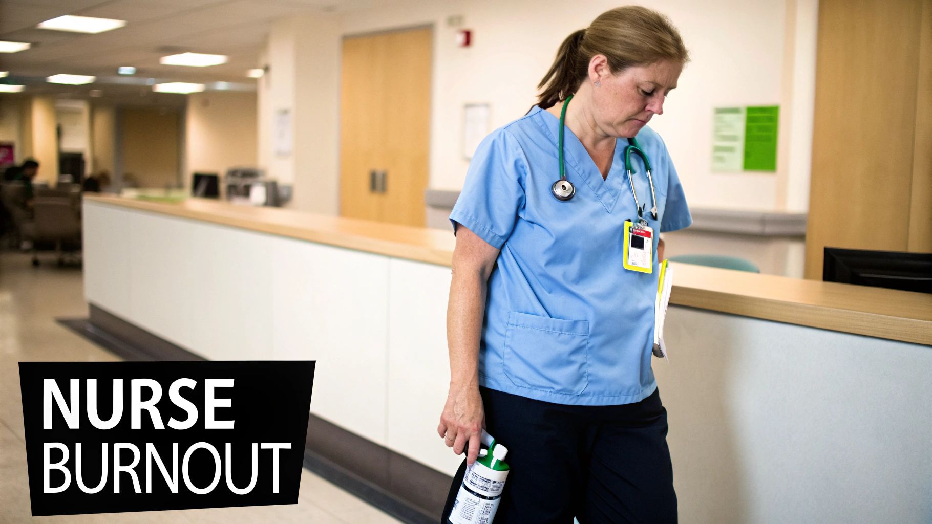A tired nurse in blue scrubs with a stethoscope looks down in a hospital corridor, depicting burnout.