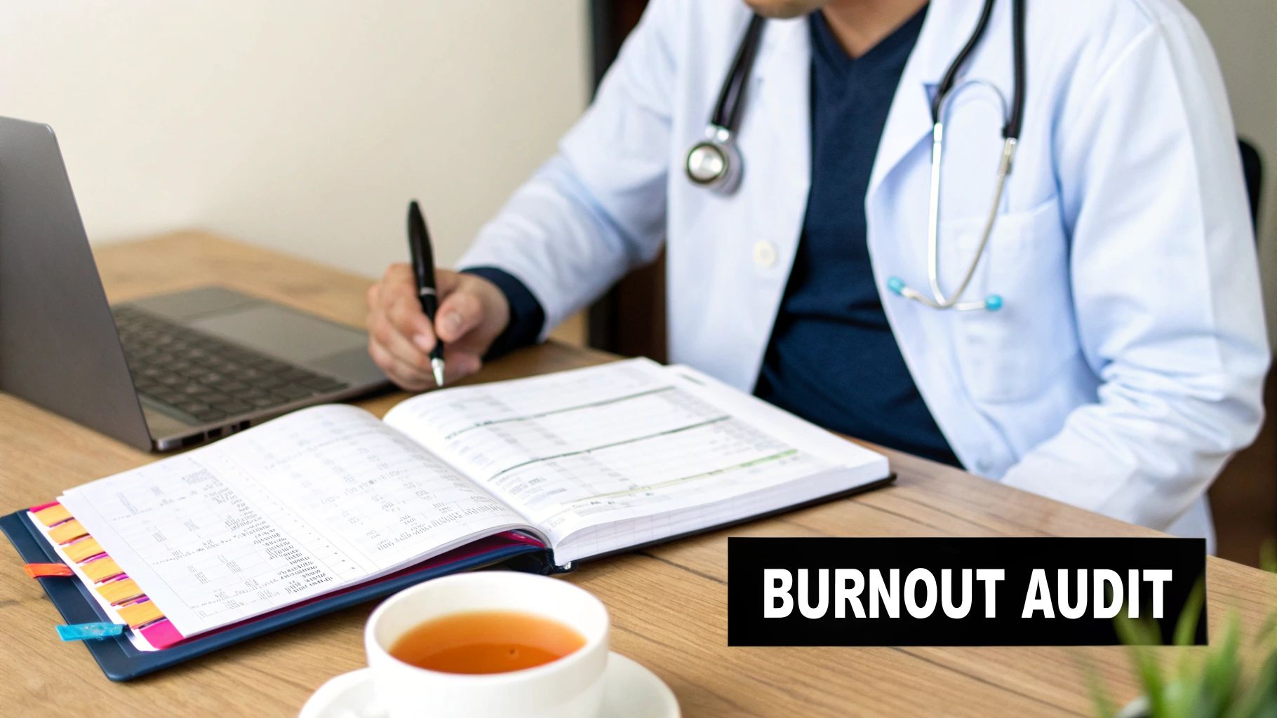 Doctor in lab coat writing in a notebook, with laptop and tea, focusing on burnout audit.