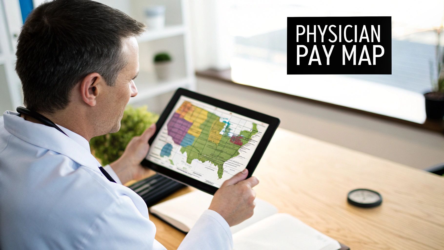 A doctor in a lab coat looks at a tablet displaying a map of US physician pay data.