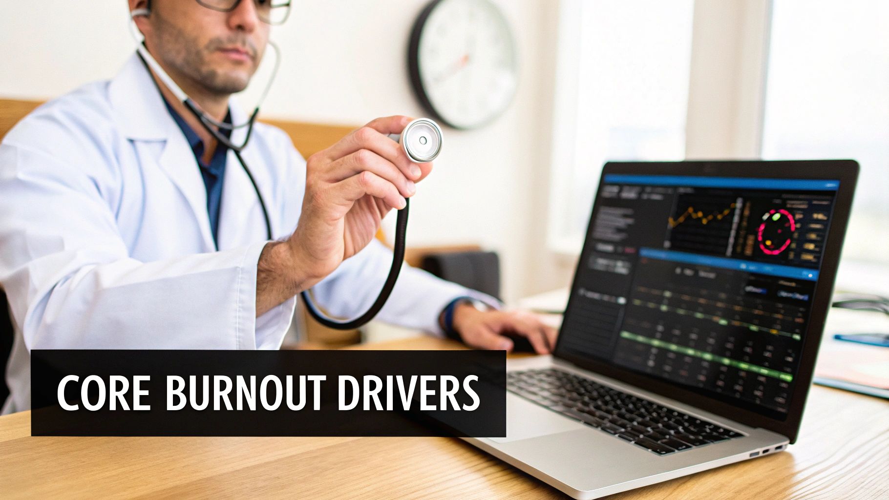 A doctor in a white coat holds a stethoscope, analyzing medical data on a laptop. Text: CORE BURNOUT DRIVERS.