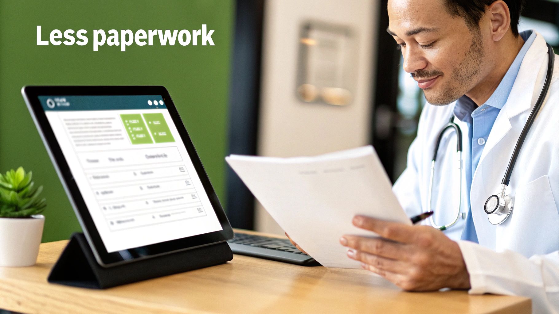 A smiling male physician reviews paper documents while a tablet displays digital forms, symbolizing less paperwork.