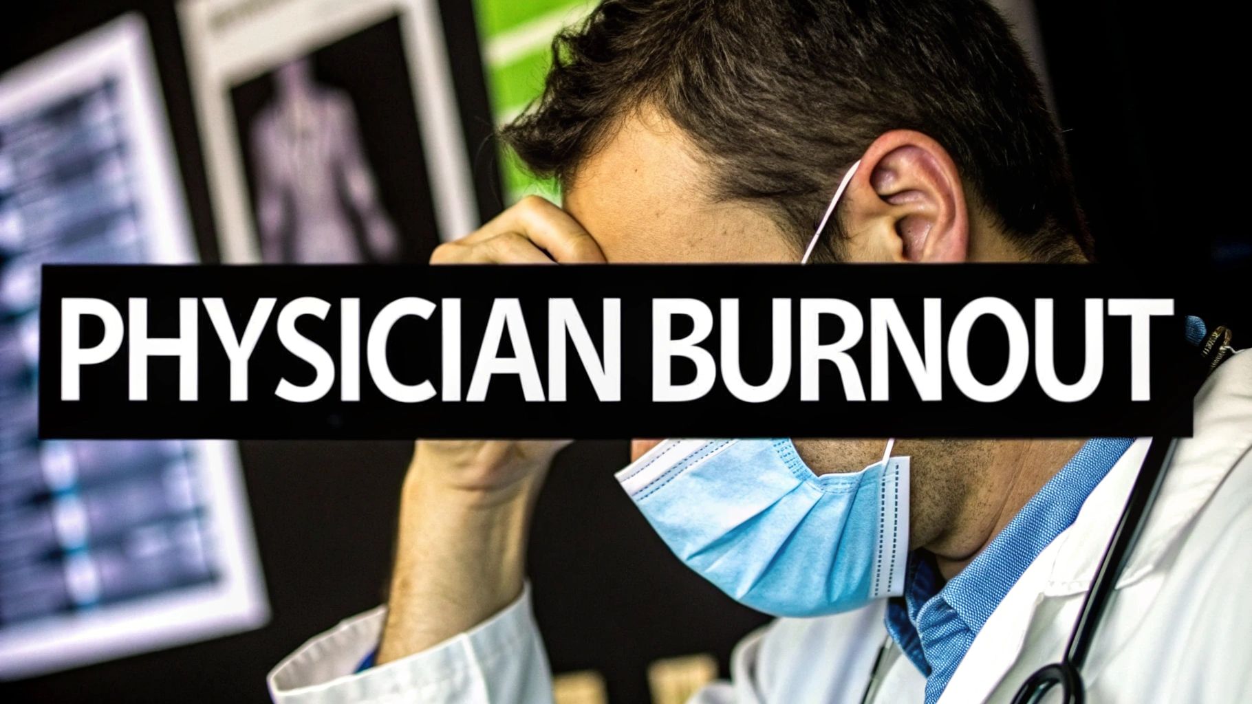 A stressed male doctor in a mask and lab coat with 'PHYSICIAN BURNOUT' overlay.