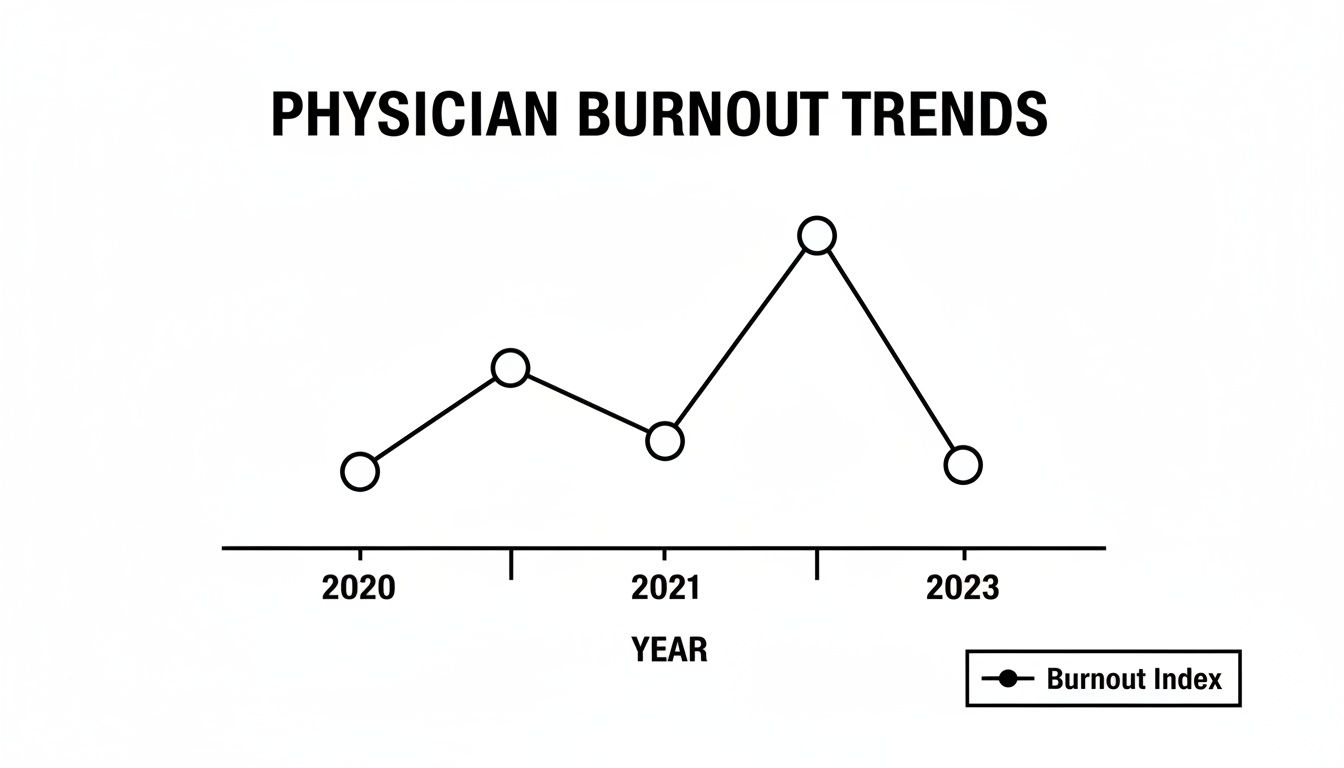 Line graph depicting physician burnout index trends from 2020 to 2023, showing fluctuations.