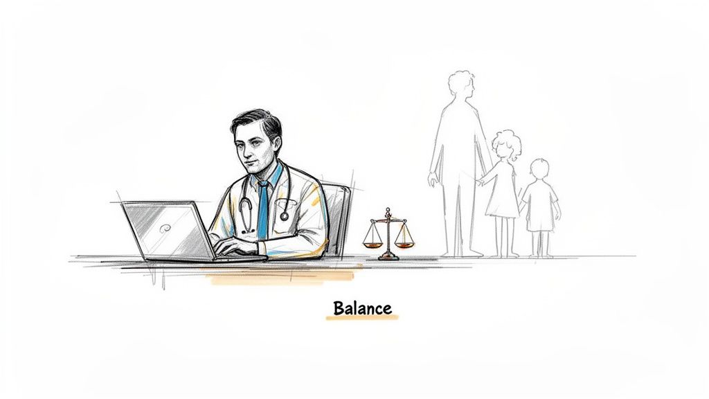 A doctor works on a laptop, balancing career with family life and the scales of justice.