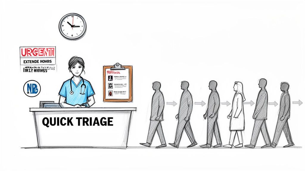 A nurse at a triage desk quickly assessing patients in a queue, indicating efficient medical service.