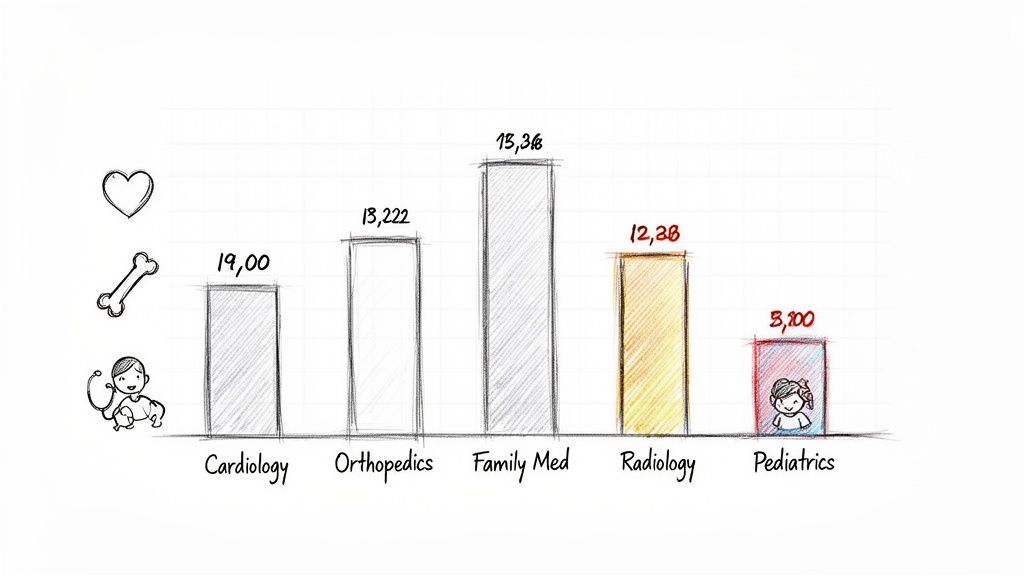 Hand-drawn bar chart illustrating numerical values for five medical specialties like Cardiology and Pediatrics.