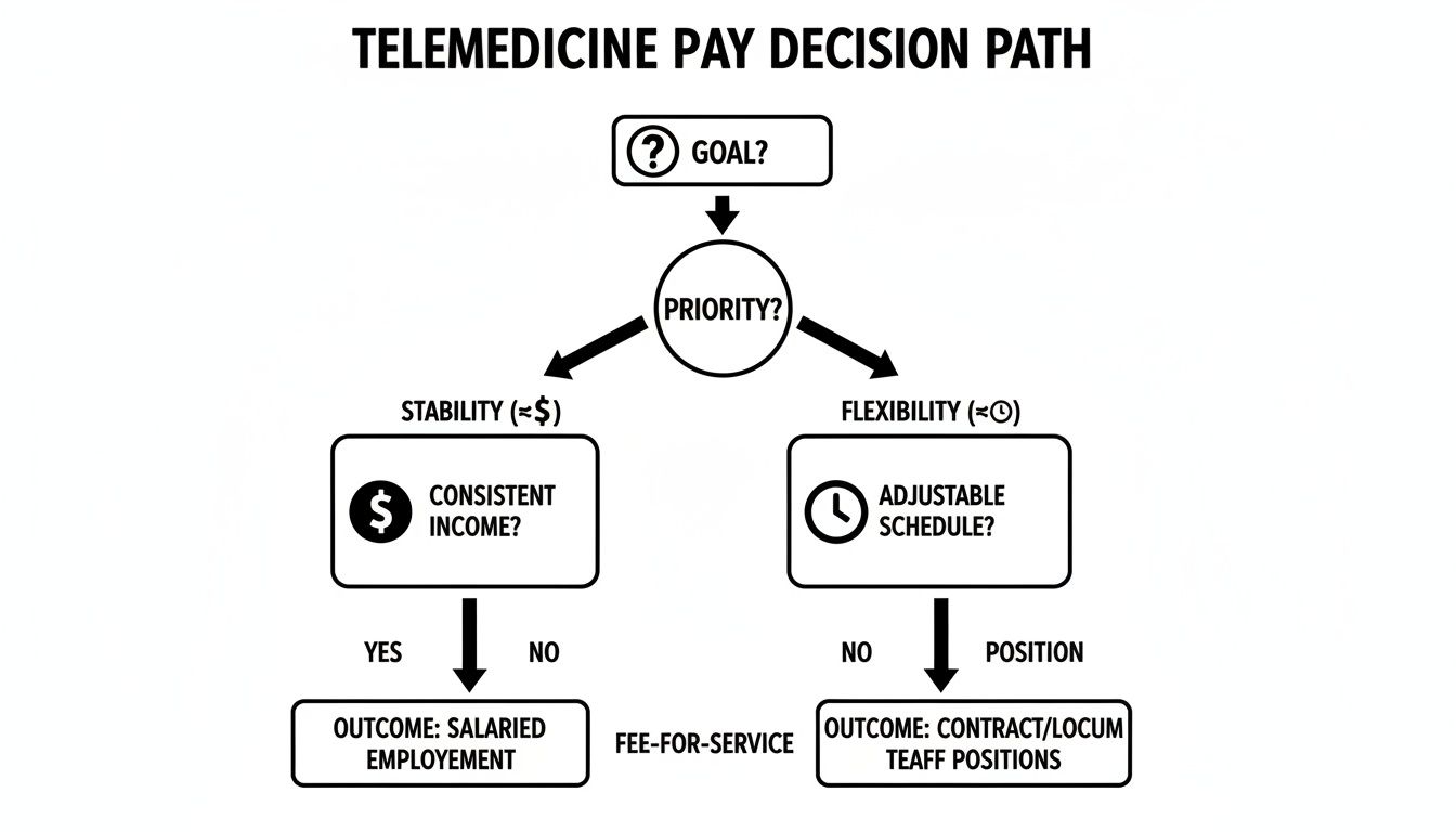 Flowchart illustrating a telemedicine pay decision path, considering priorities of stability or flexibility for doctors.