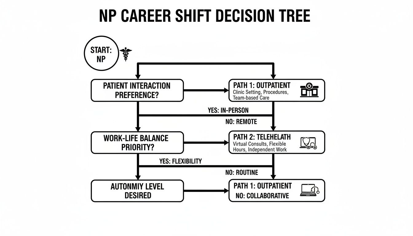 Decision tree outlining career shift paths for Nurse Practitioners based on patient interaction, work-life balance, and autonomy.