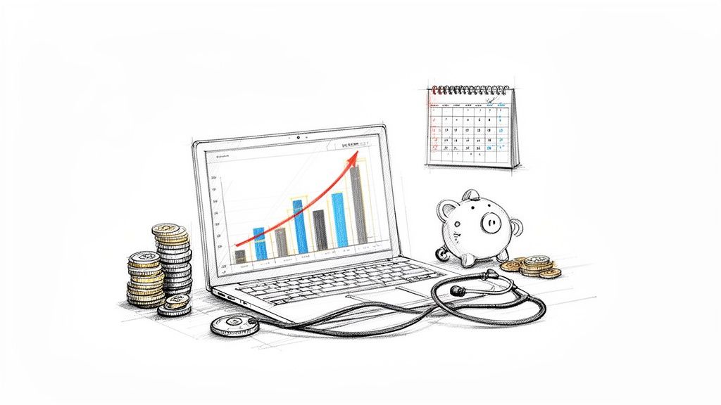 A sketch illustrating financial growth and healthcare planning with a laptop, coins, stethoscope, piggy bank, and calendar.