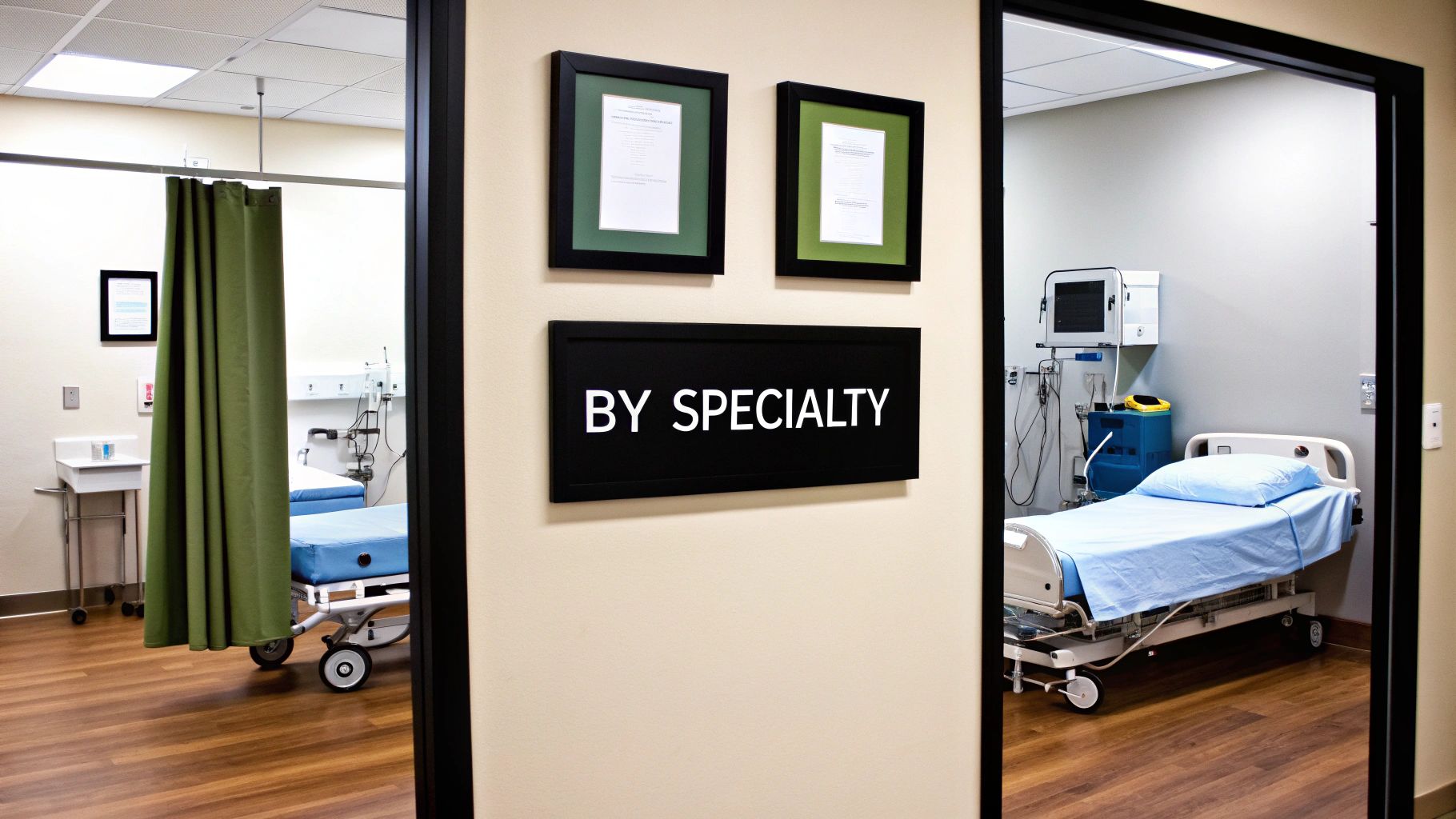 Two medical rooms are visible through doorways, featuring beds, equipment, and a 'BY SPECIALTY' sign.