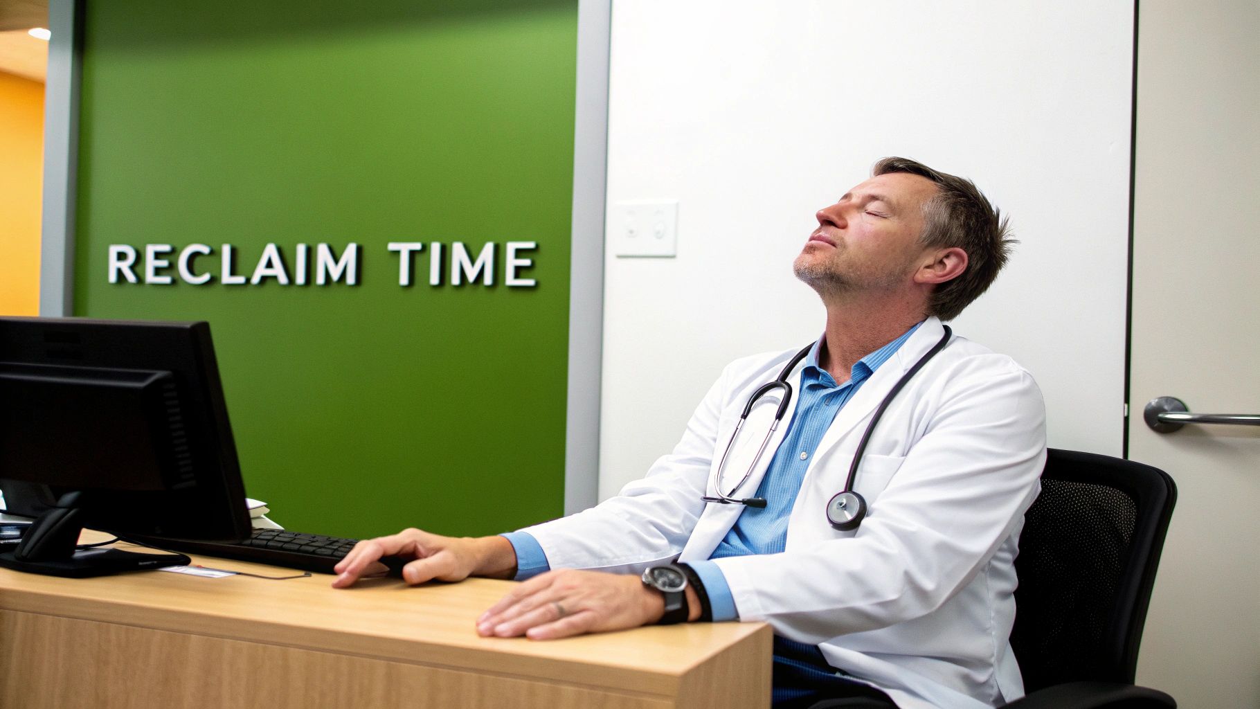 A tired male doctor in a white coat leans back in his chair, eyes closed, at a desk.