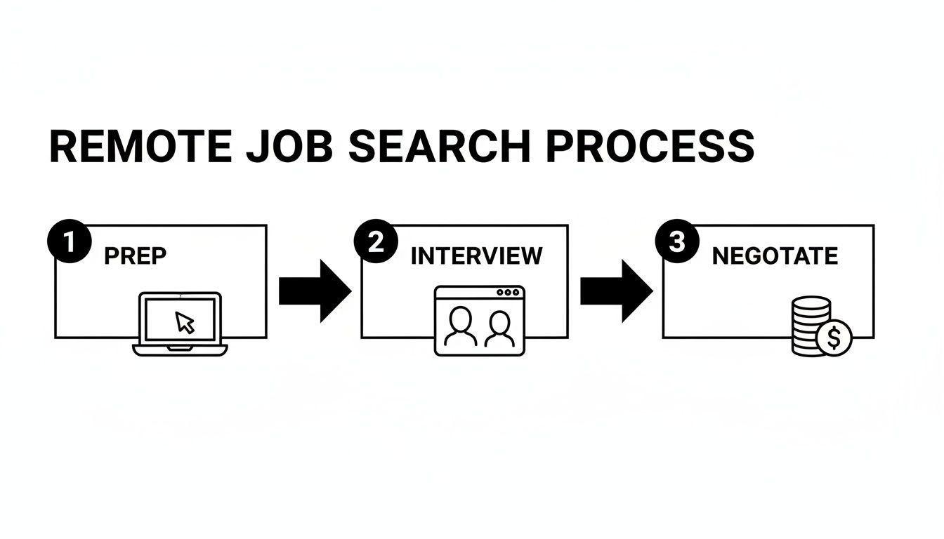 A diagram illustrating the three steps of a remote job search process: Prep, Interview, and Negotiate.
