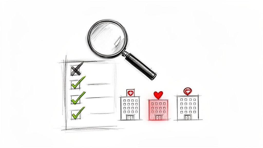 Magnifying glass examining a checklist with green checkmarks and three hospital buildings, one highlighted in red with a heart.