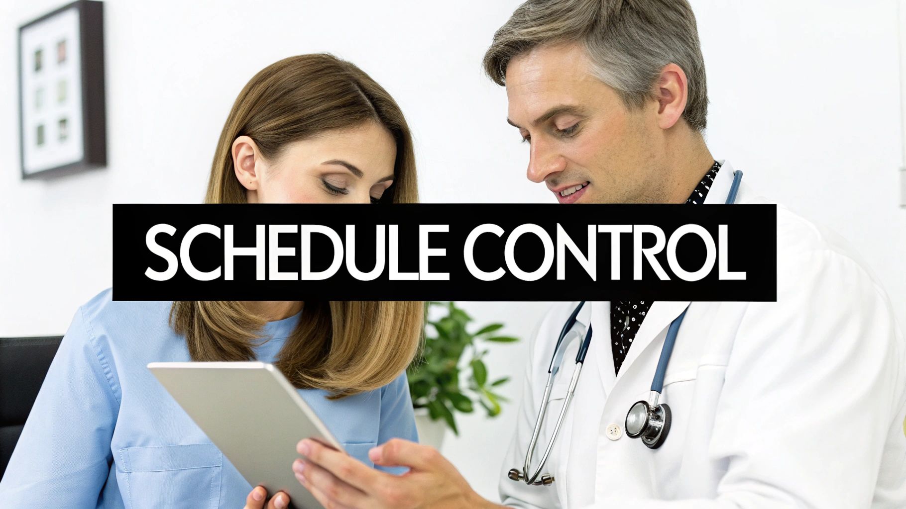 Doctor and nurse collaborating on schedule control, using a tablet in a modern medical office.