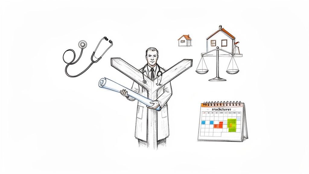 Illustration of a doctor balancing career, finances, and personal life, symbolized by a stethoscope, houses, and a calendar.