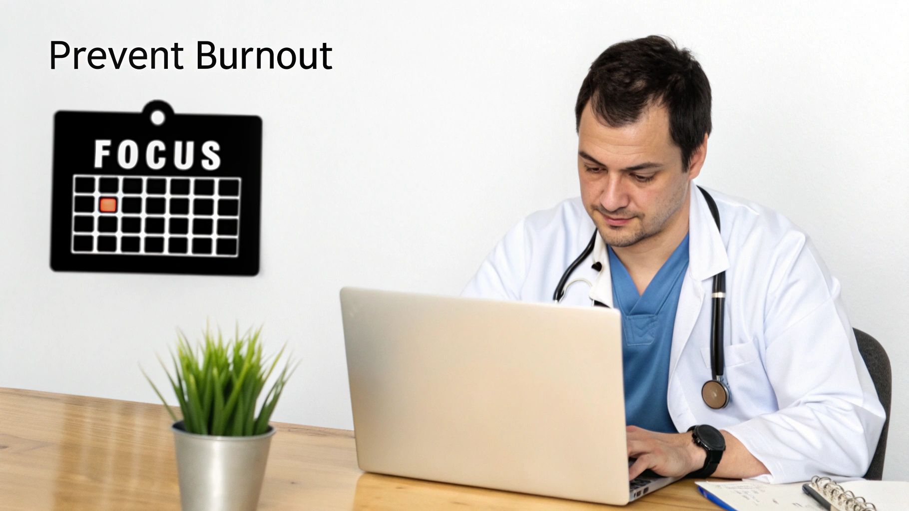 A male doctor focusing on his laptop with a "Prevent Burnout" message and a calendar showing "FOCUS".