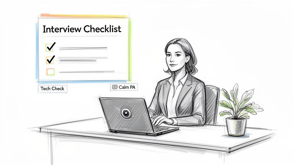 A professional woman sits at a desk with a laptop, viewing an "Interview Checklist" pop-up.