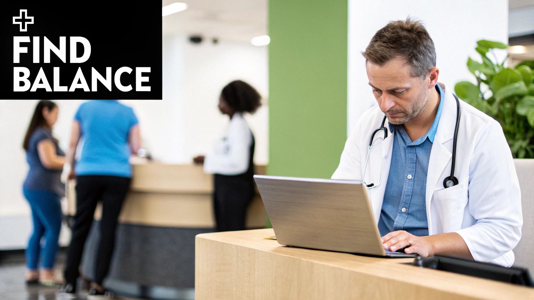 A focused male doctor in a lab coat works on a laptop at a clinic desk, with blurred staff in the background.