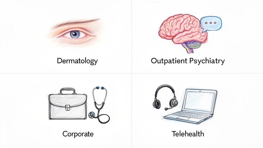 Four illustrations of nurse practitioner career options: Dermatology, Outpatient Psychiatry, Corporate, and Telehealth.