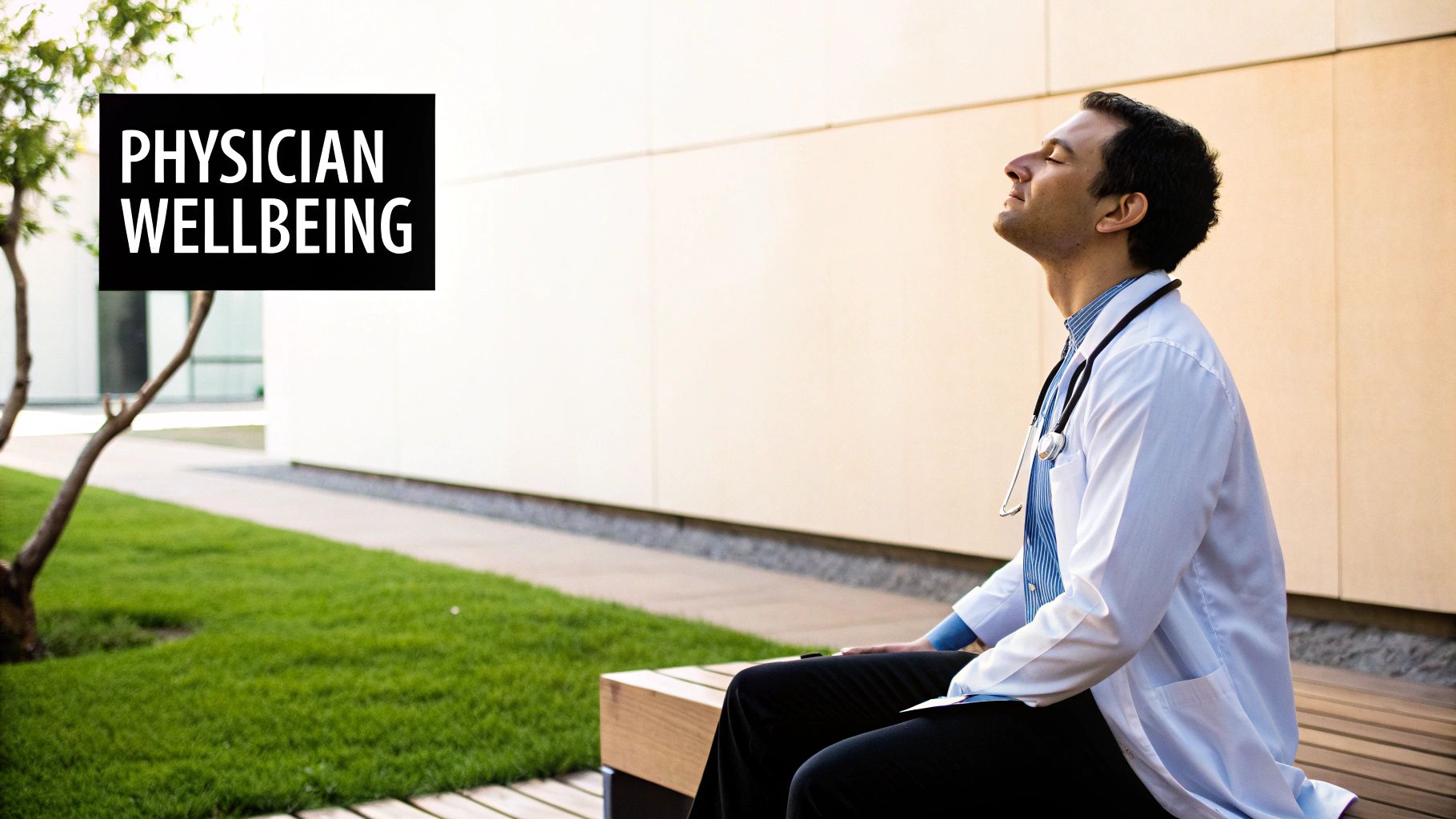 A physician in a white coat relaxes outdoors with eyes closed, promoting well-being.
