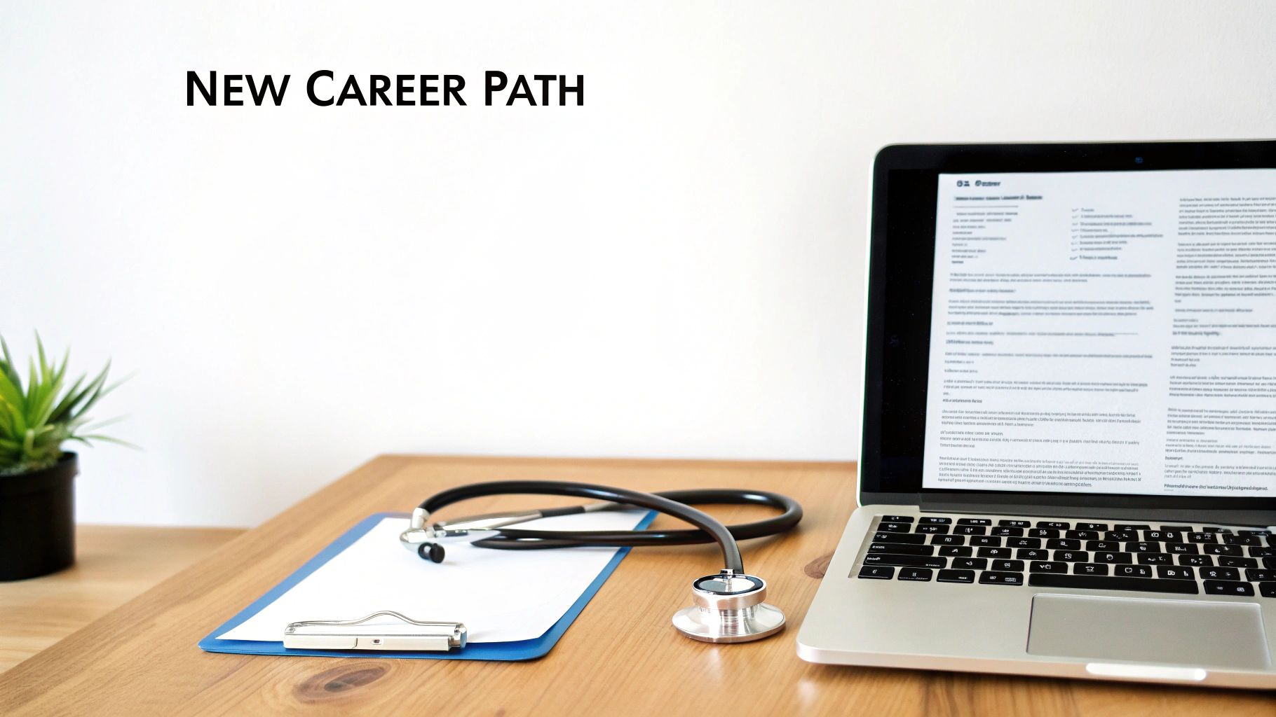 A desk with a laptop displaying a document, a stethoscope, and a clipboard, illustrating a new medical career path.