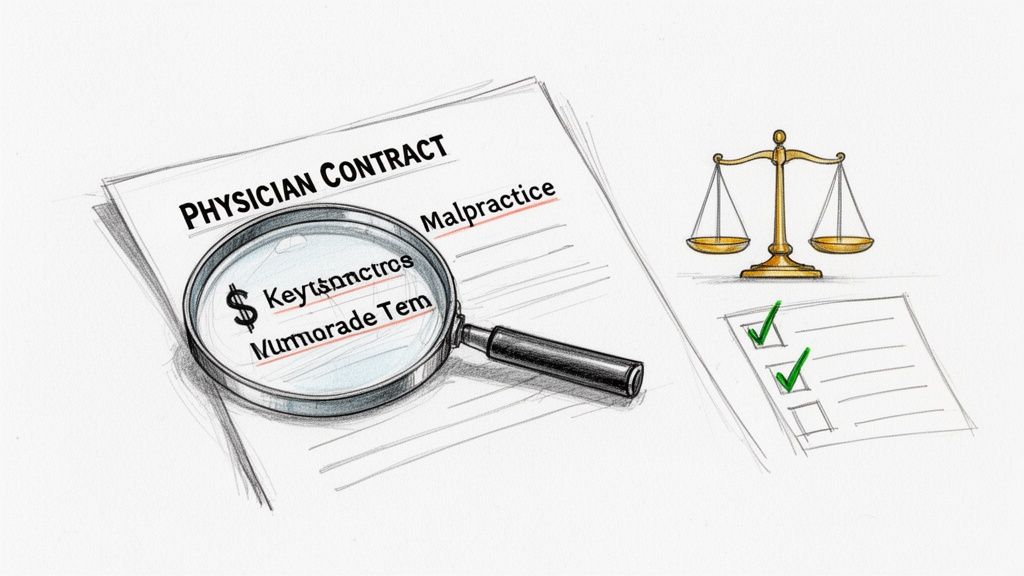 A magnifying glass on a physician contract, highlighting terms and 'Malpractice', with scales of justice and a checklist.