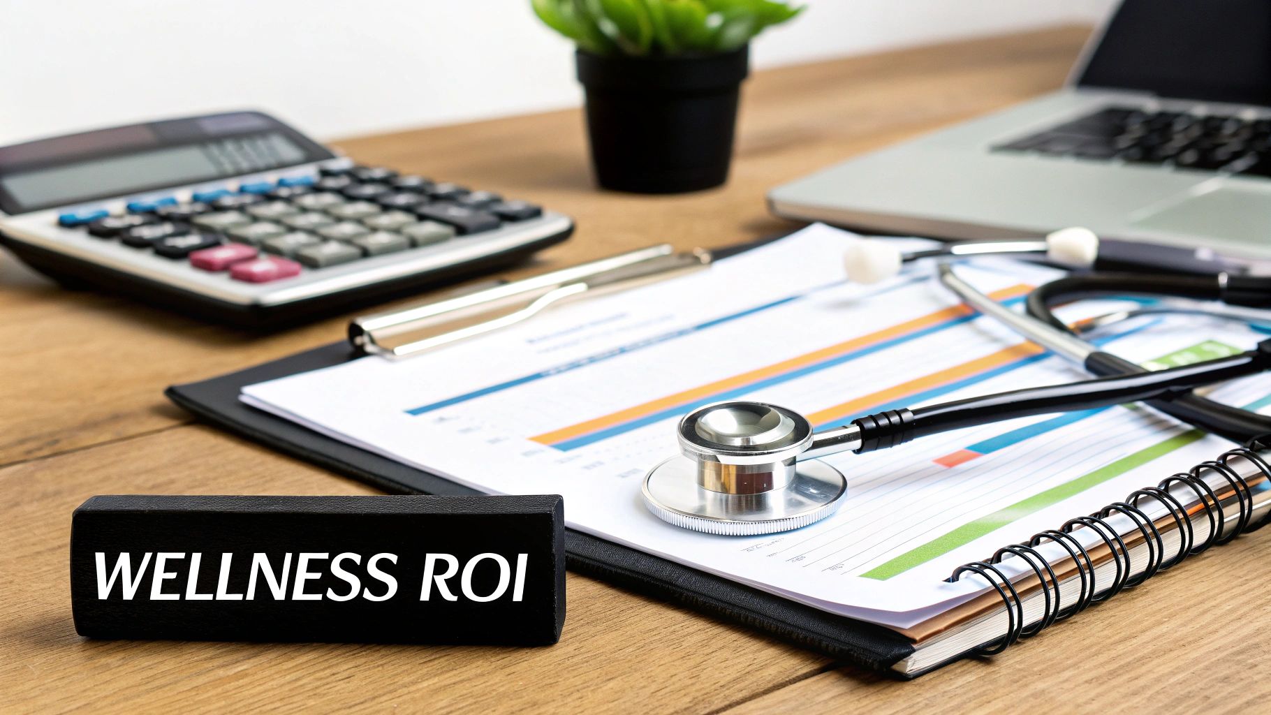 Desk with stethoscope, calculator, charts, and a 'WELLNESS ROI' sign, symbolizing healthcare investment analysis.