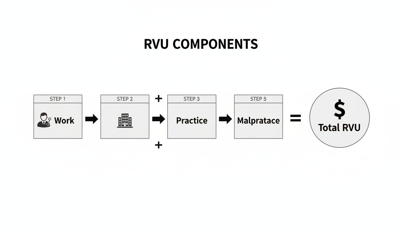 Flowchart detailing RVU components: Work, facility, practice expense, and malpractice, which sum to Total RVU.