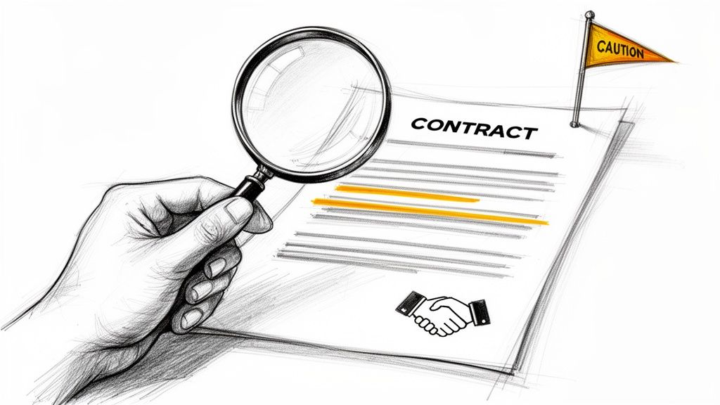 Hand holding magnifying glass examining a contract document with a 'CAUTION' flag and handshake icon.