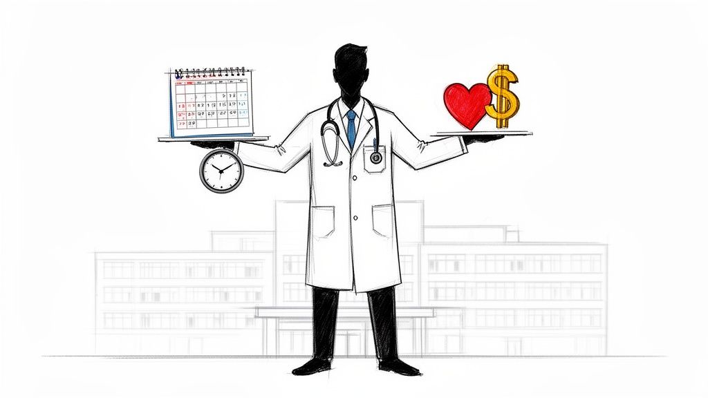 A doctor balances a calendar and clock on one tray with a heart and dollar sign on another, in front of a hospital.