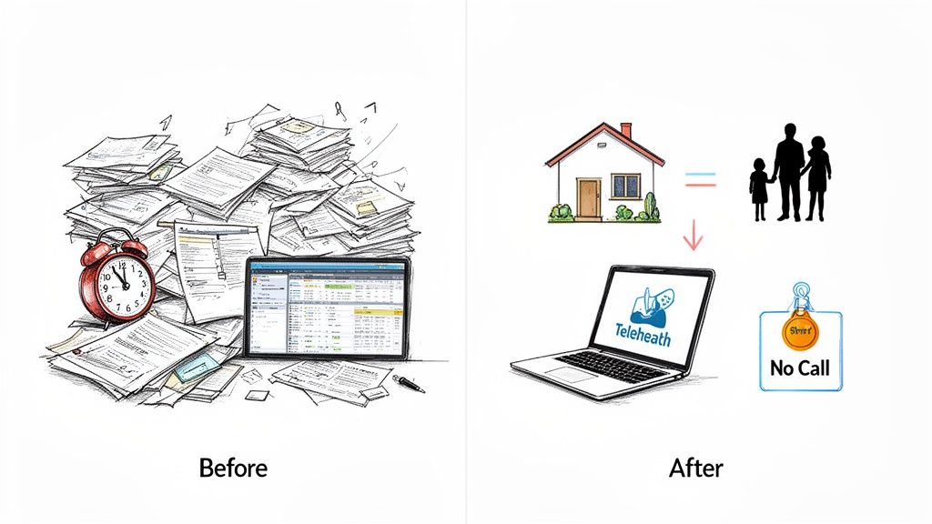 Visualizing the shift from physician burnout with papers to work-life balance with telehealth from home.