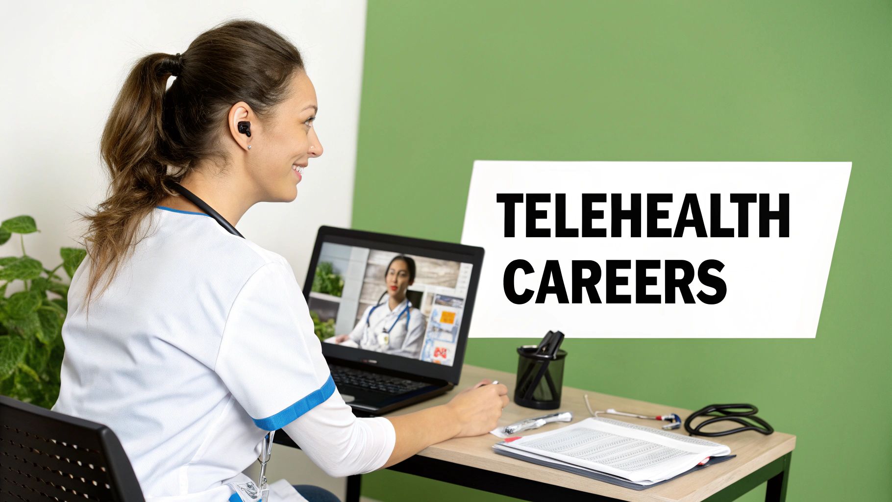 A smiling healthcare professional on a video call, with "TELEHEALTH CAREERS" displayed.
