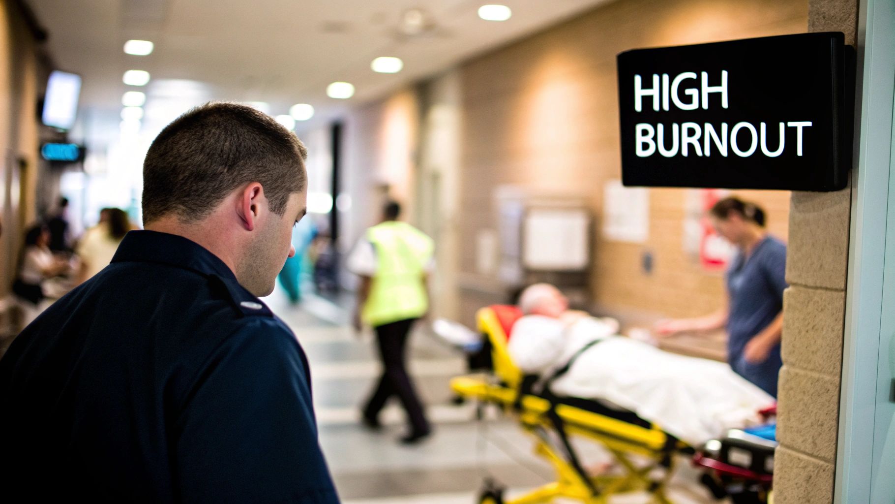 A medical professional walks through a hospital corridor, passing a prominent 'HIGH BURNOUT' sign.