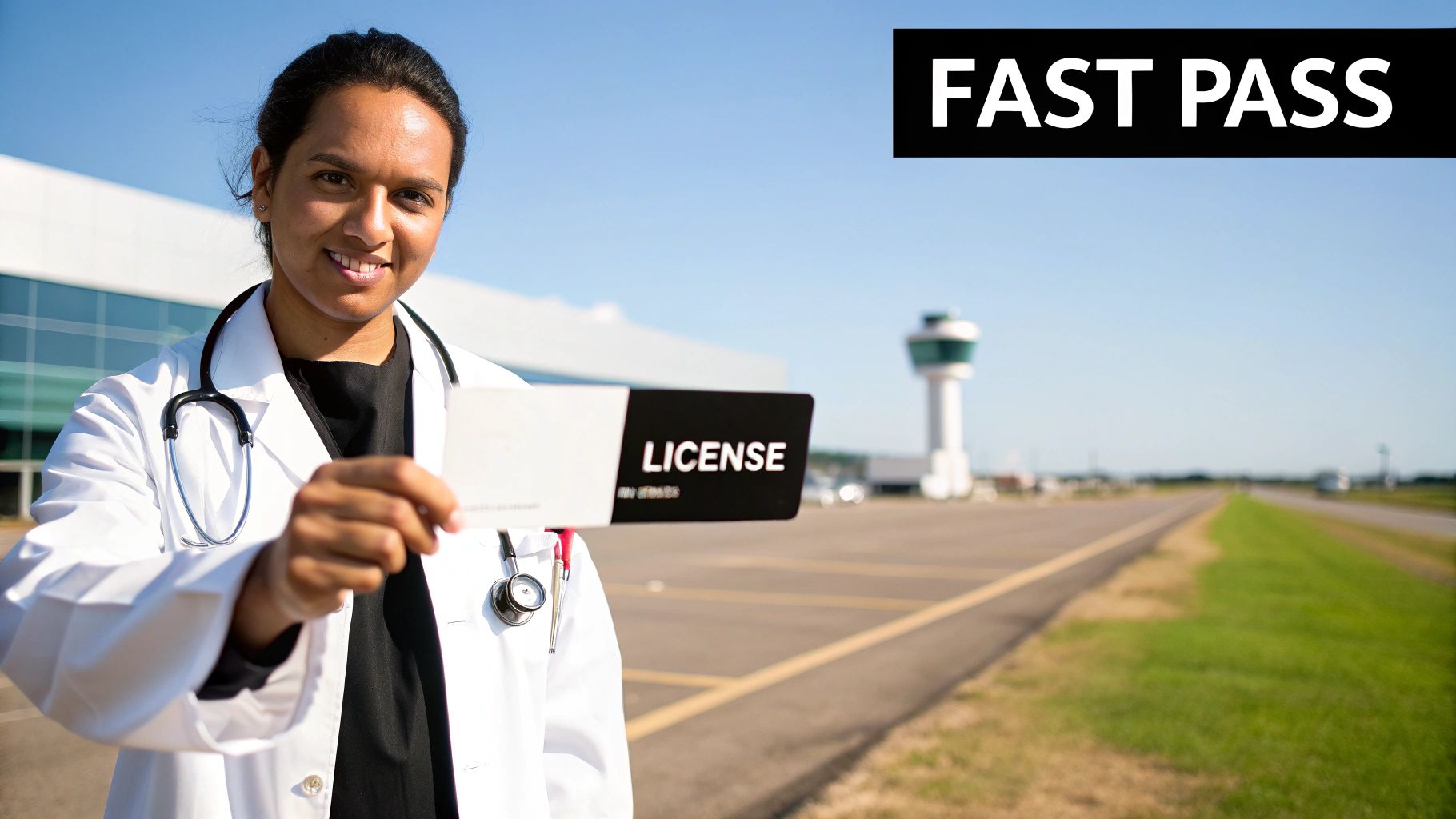 A smiling healthcare professional holding up a 'LICENSE' card at an airport with a 'FAST PASS' banner.