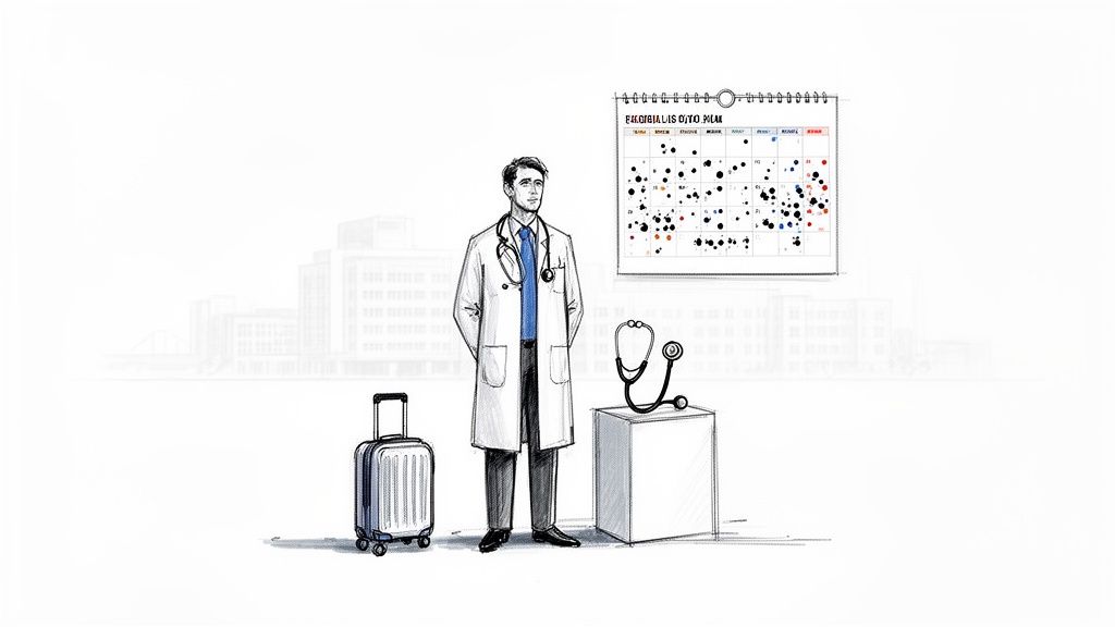 A doctor in a white coat with a stethoscope, suitcase, and calendar, representing locum hospitalist work.