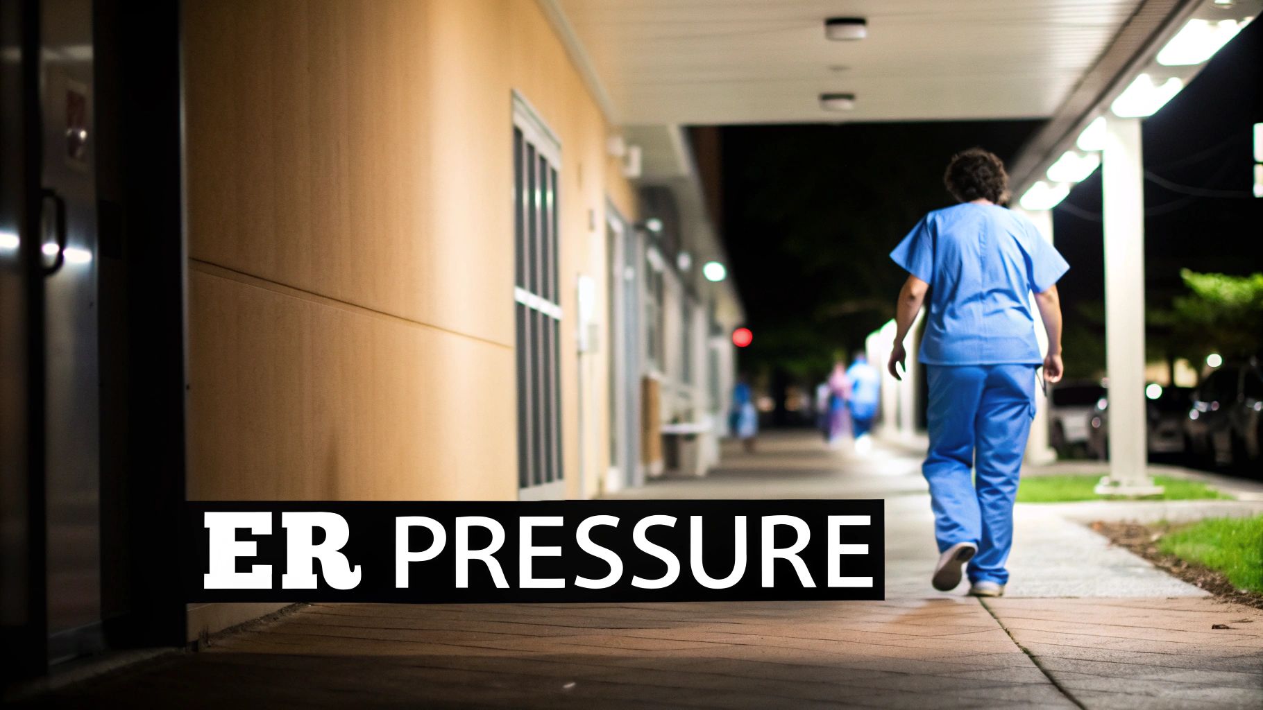 A healthcare worker in blue scrubs walks along a hospital walkway at night, with text 'ER PRESSURE'.