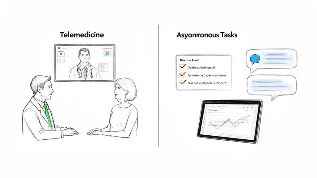 Illustration of telemedicine consultation with a doctor and asynchronous tasks like checklists and data review.