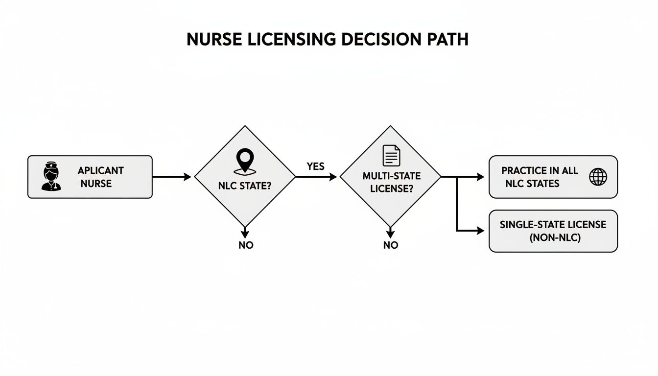 Flowchart illustrating the nurse licensing decision path for NLC states and multi-state licenses.