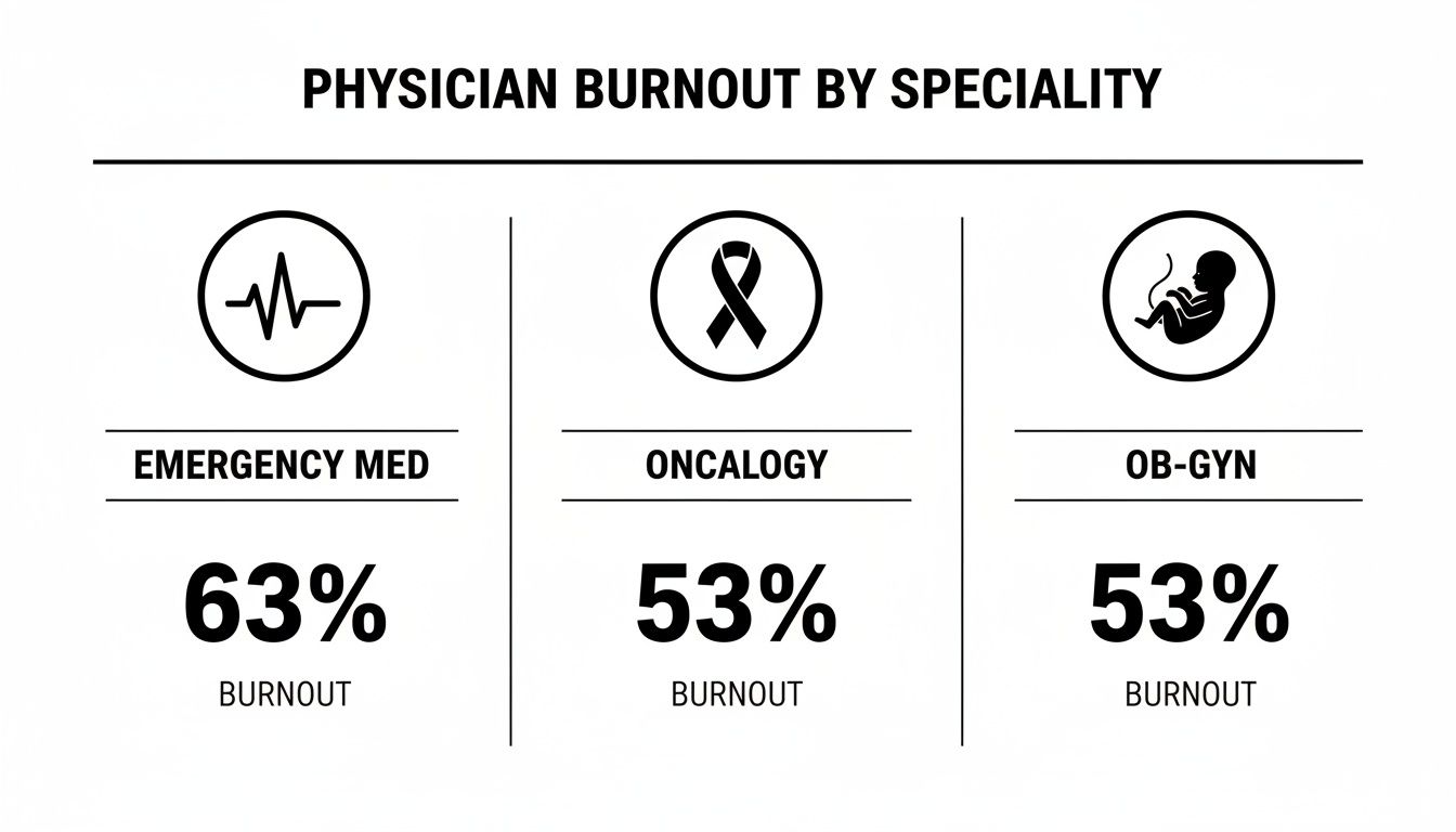 Infographic displaying physician burnout rates by specialty: Emergency Med 63%, Oncology 53%, OB-GYN 53%.