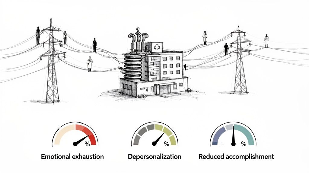 An illustration of physician burnout, showing high emotional exhaustion, depersonalization, and reduced accomplishment.