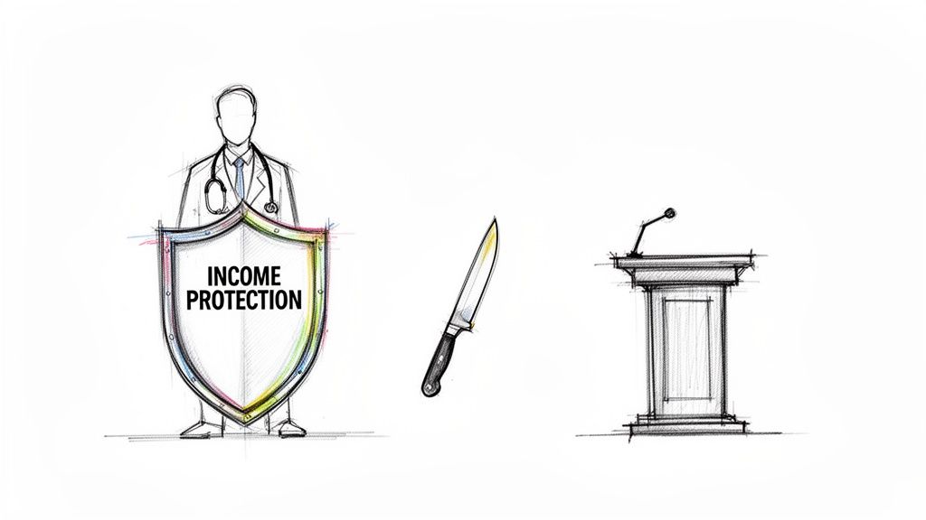 A sketch illustrates a doctor figure behind an 'Income Protection' shield, with a knife and a speaker's podium.
