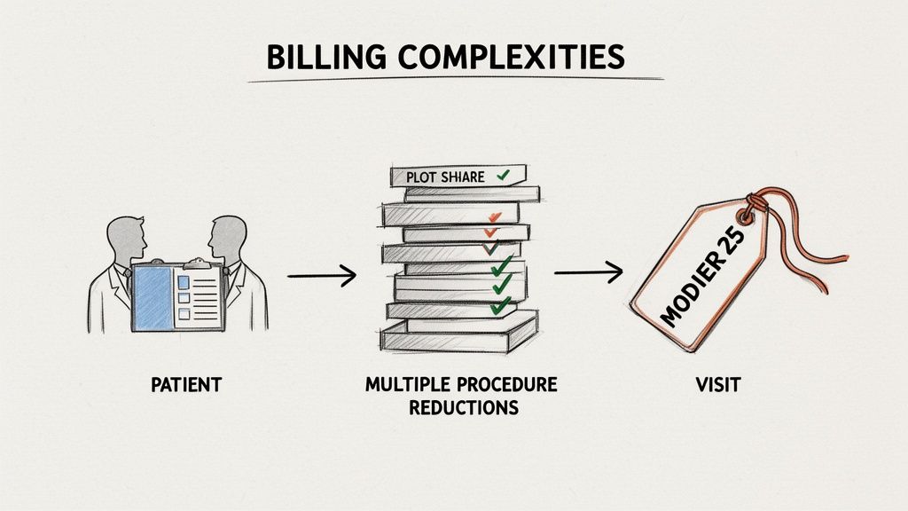 Diagram illustrates billing complexities, showing a patient, multiple procedure reductions, and a visit with Modifier 25 tag.