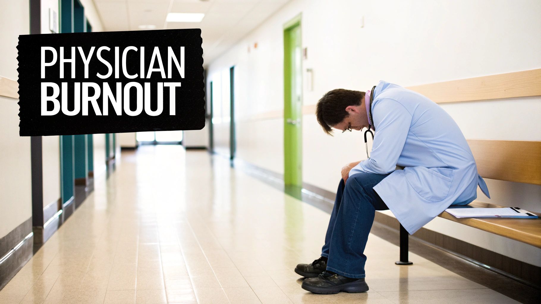 An exhausted doctor sits slumped on a bench in a hospital hallway under a 'PHYSICIAN BURNOUT' sign.