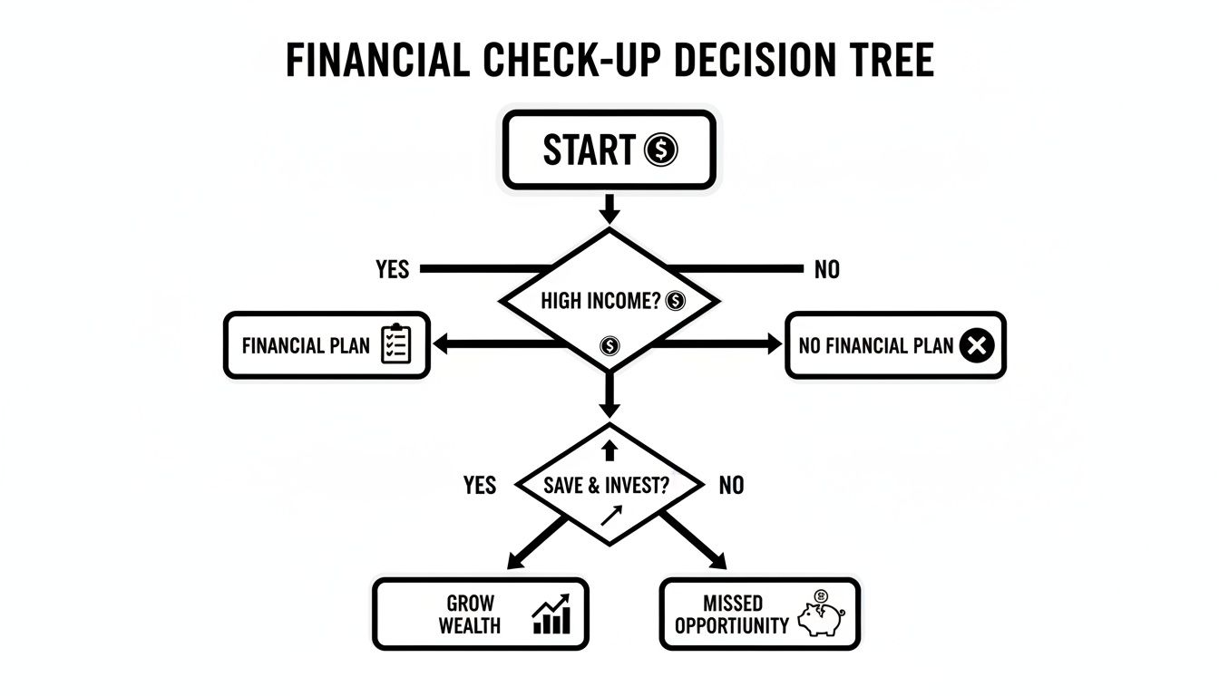 A financial check-up decision tree flowchart illustrating steps from start to wealth growth or missed opportunities.