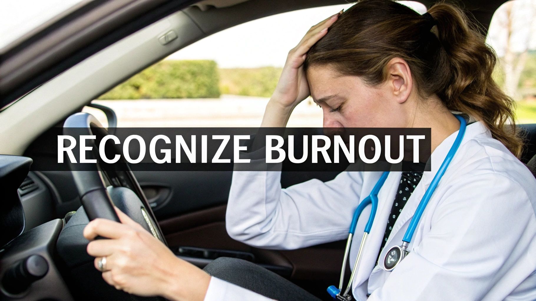 An exhausted female healthcare professional in a white coat and stethoscope sits distressed in a car, head in hand.