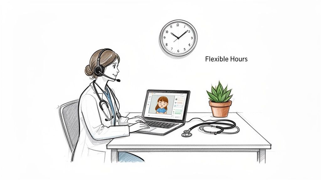 A nurse practitioner with a headset performs a telehealth consultation with a child, indicating flexible hours.