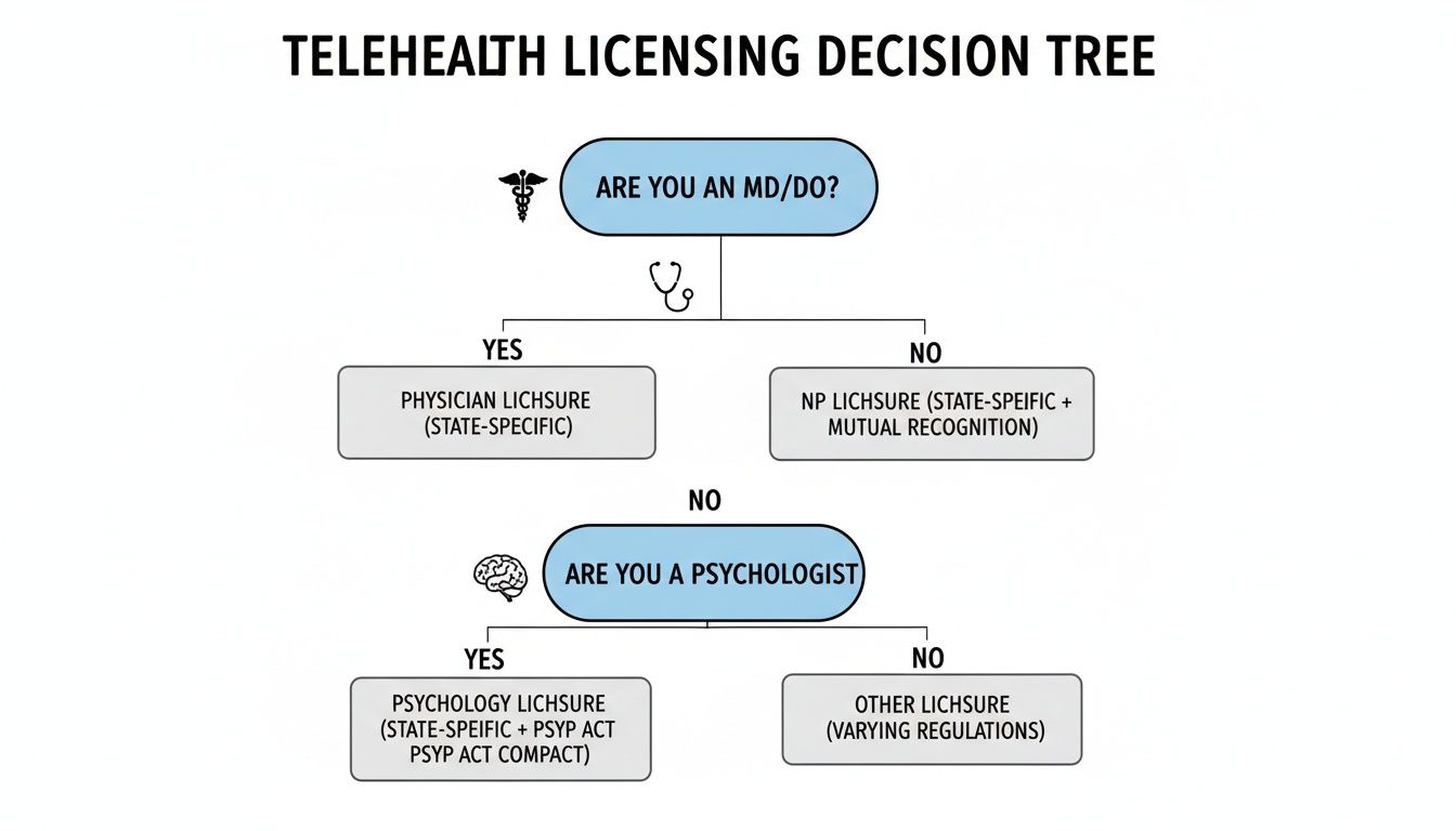 Decision tree illustrating telehealth licensing requirements for MD/DOs, NPs, Psychologists, and other healthcare professionals.
