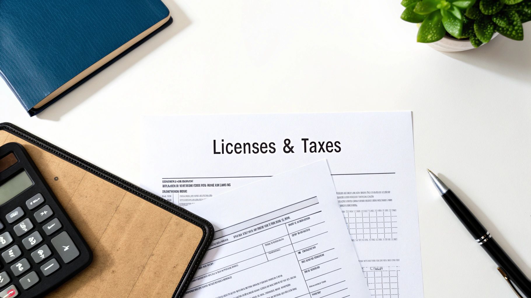 A flat lay of a desk with documents titled 'Licenses & Taxes', a calculator, notebook, and pen.