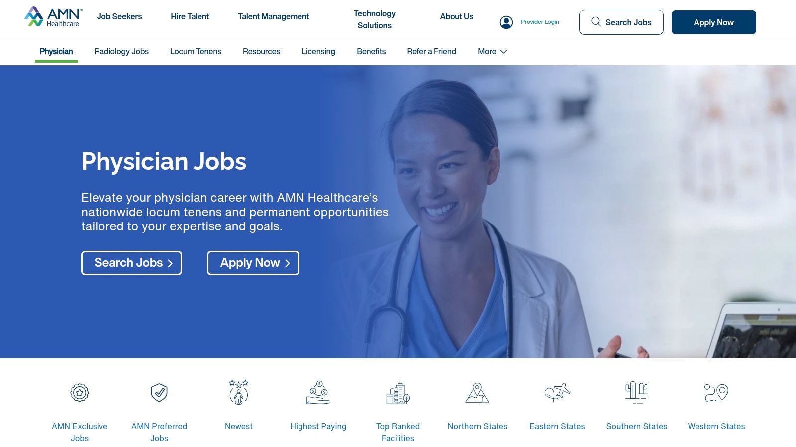 AMN Healthcare (Physician Careers) job portal interface displaying telemedicine search filters.